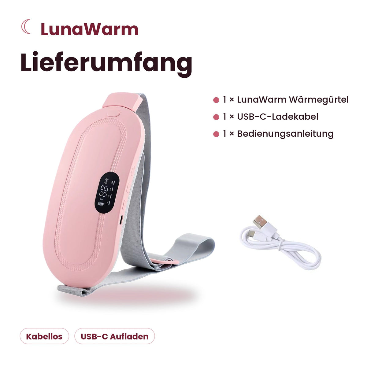 Lieferumfang: Wärmegürtel, USB-C-Ladekabel, Anleitung